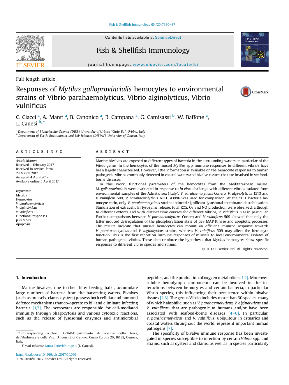 Responses of Mytilus galloprovincialis hemocytes to environmental strains of Vibrio parahaemolyticus, Vibrio alginolyticus, Vibrio vulnificus