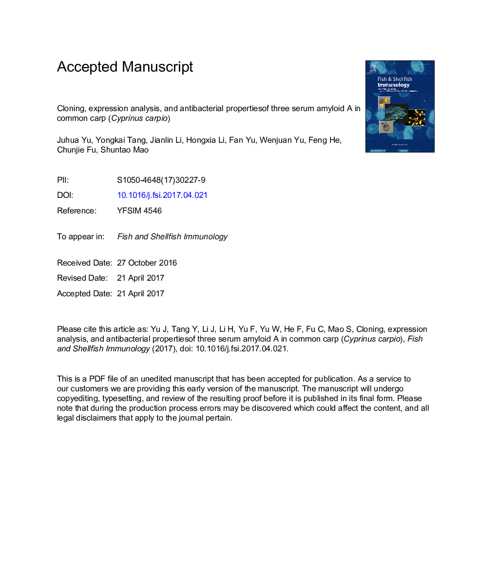 Cloning, expression analysis, and antibacterial propertiesof three serum amyloid A in common carp (Cyprinus carpio)