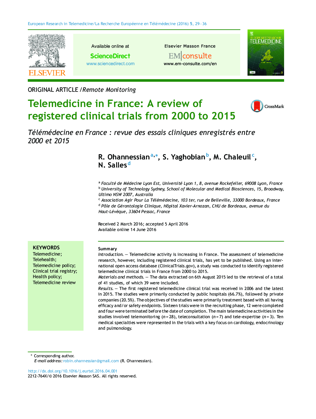Telemedicine in France: A review of registered clinical trials from 2000 to 2015