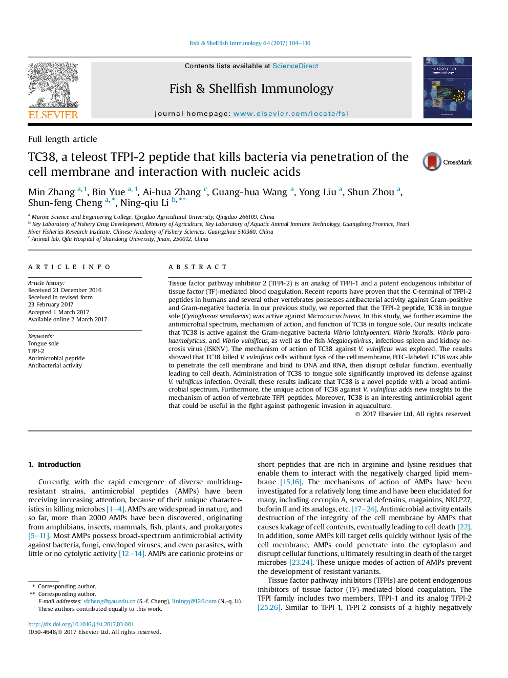 Full length articleTC38, a teleost TFPI-2 peptide that kills bacteria via penetration of the cell membrane and interaction with nucleic acids