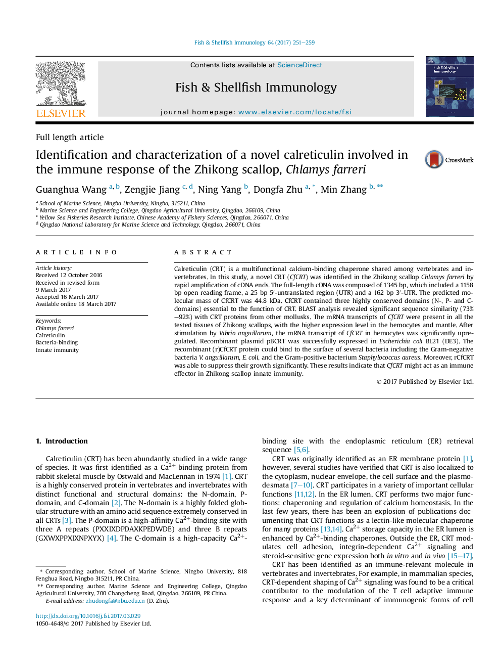 Identification and characterization of a novel calreticulin involved in the immune response of the Zhikong scallop, Chlamys farreri