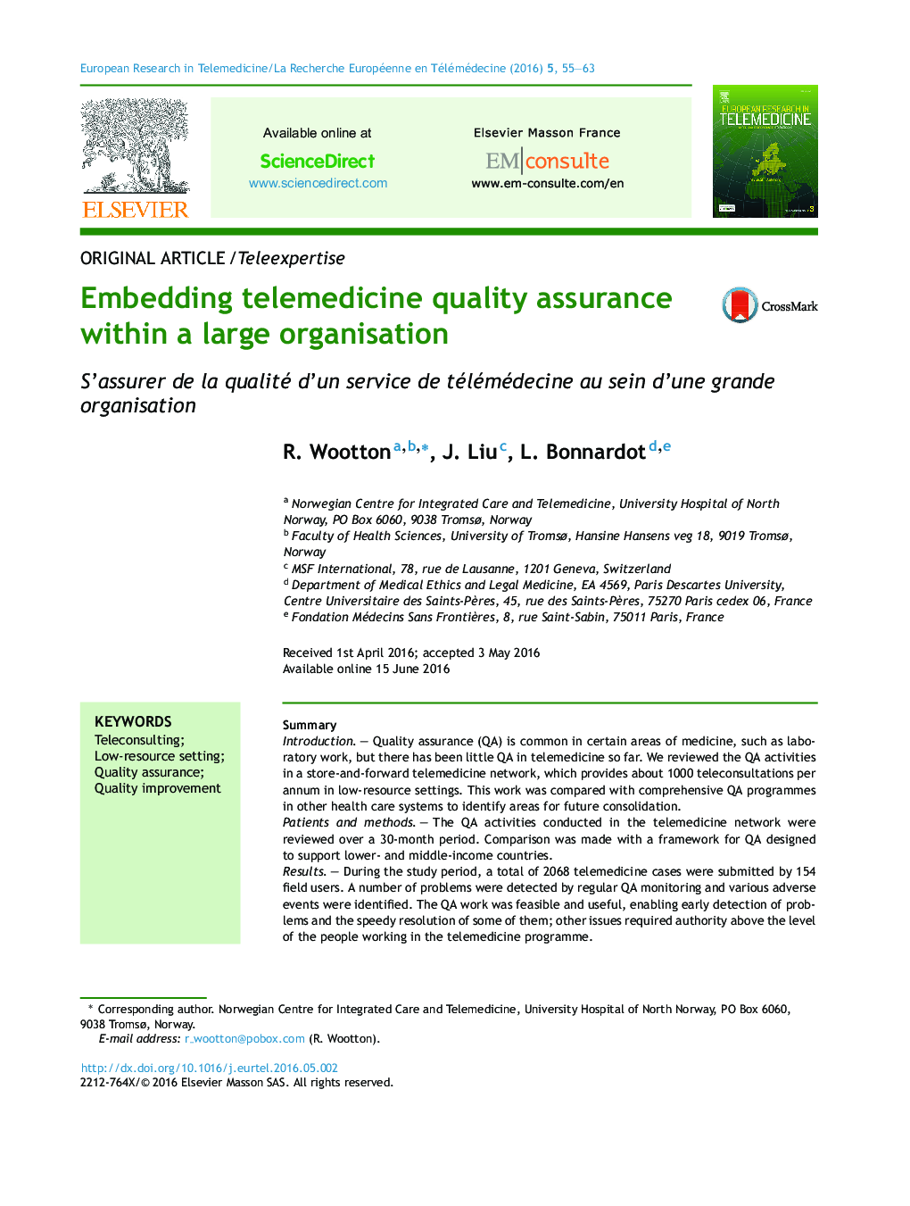 Embedding telemedicine quality assurance within a large organisation