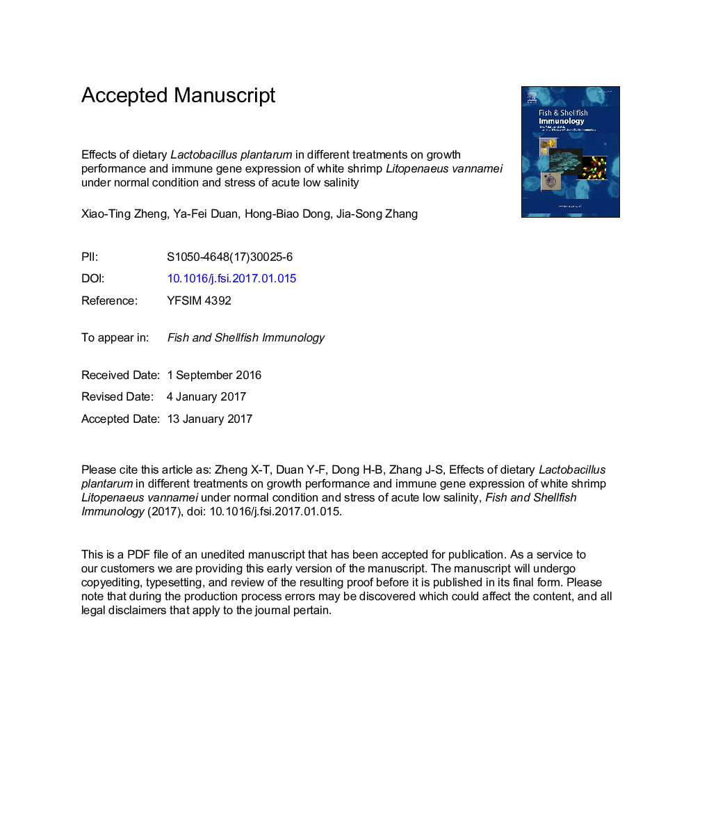 Effects of dietary Lactobacillus plantarum in different treatments on growth performance and immune gene expression of white shrimp Litopenaeus vannamei under normal condition and stress of acute low salinity