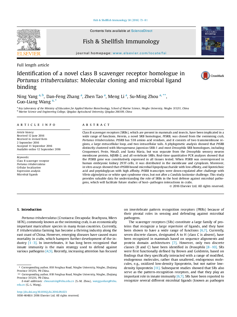 Identification of a novel class B scavenger receptor homologue in Portunus trituberculatus: Molecular cloning and microbial ligand binding