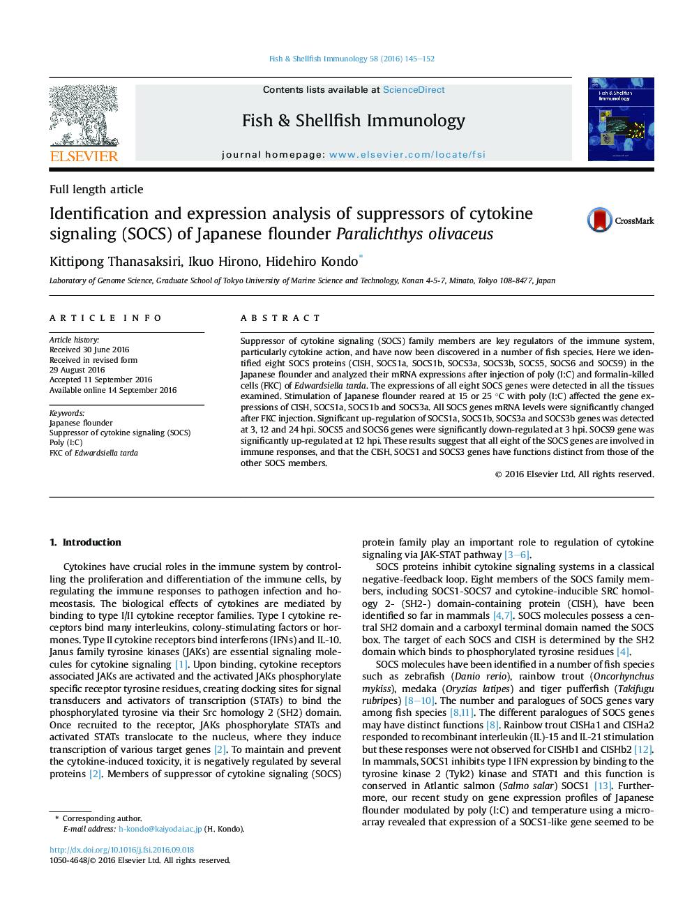 Identification and expression analysis of suppressors of cytokine signaling (SOCS) of Japanese flounder Paralichthys olivaceus