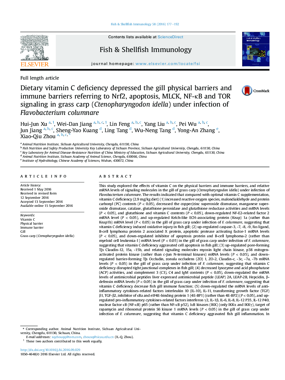 Dietary vitamin C deficiency depressed the gill physical barriers and immune barriers referring to Nrf2, apoptosis, MLCK, NF-ÎºB and TOR signaling in grass carp (Ctenopharyngodon idella) under infection of Flavobacterium columnare