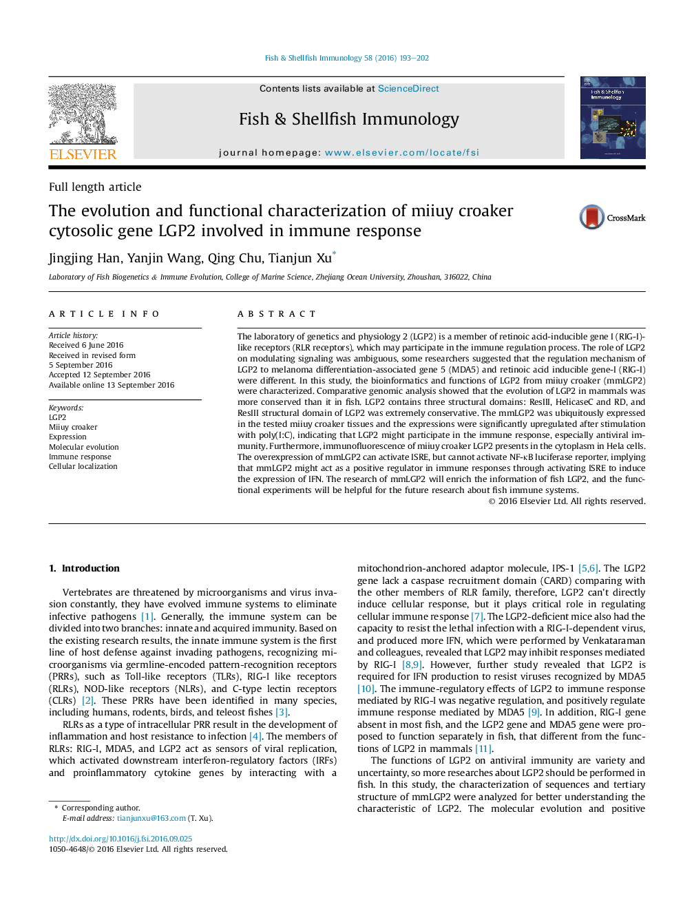 The evolution and functional characterization of miiuy croaker cytosolic gene LGP2 involved in immune response