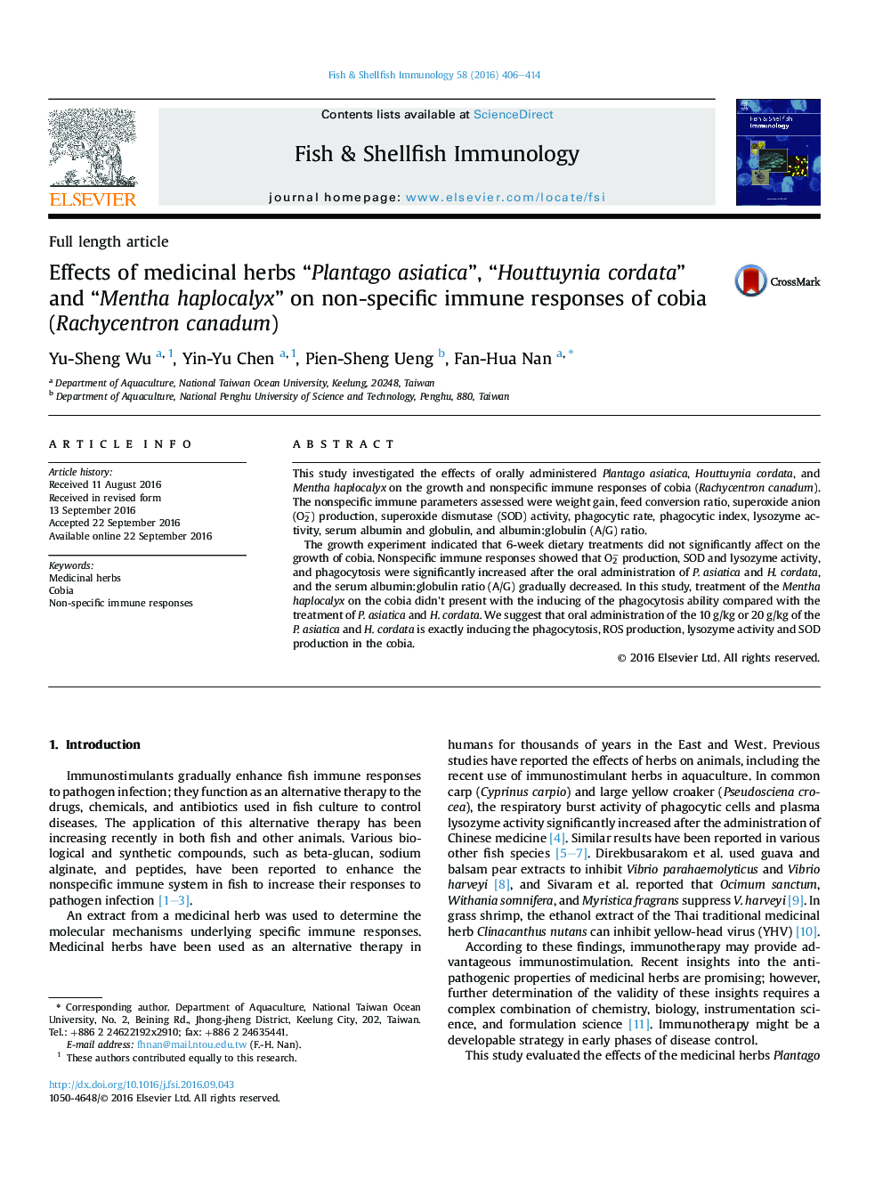 Effects of medicinal herbs “Plantago asiatica”, “Houttuynia cordata” and “Mentha haplocalyx” on non-specific immune responses of cobia (Rachycentron canadum)