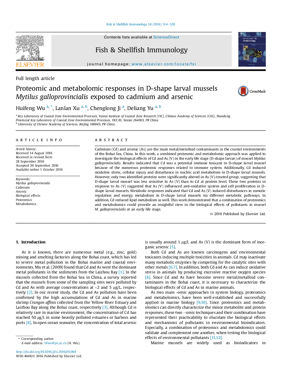 Proteomic and metabolomic responses in D-shape larval mussels Mytilus galloprovincialis exposed to cadmium and arsenic