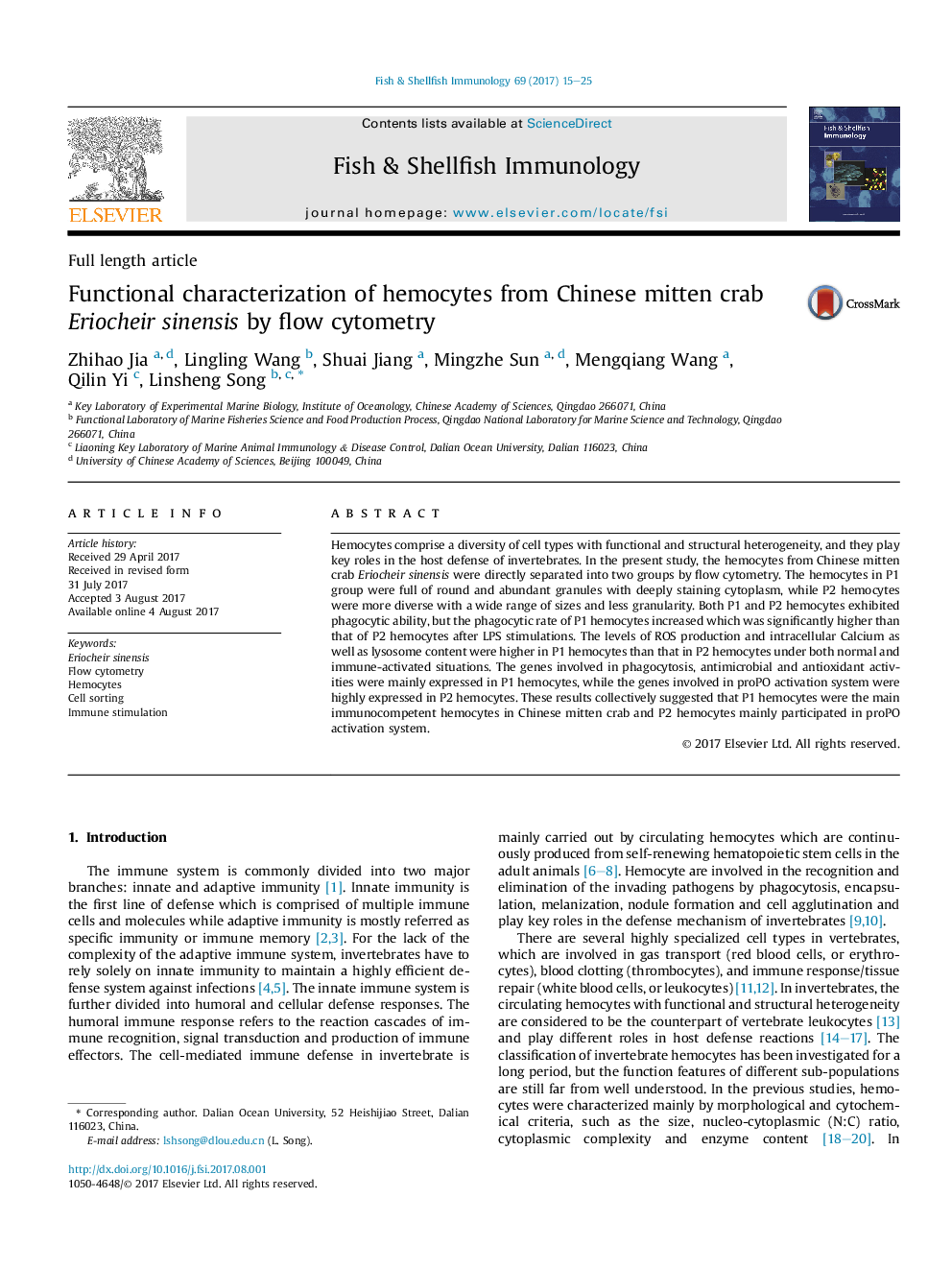 Functional characterization of hemocytes from Chinese mitten crab Eriocheir sinensis by flow cytometry