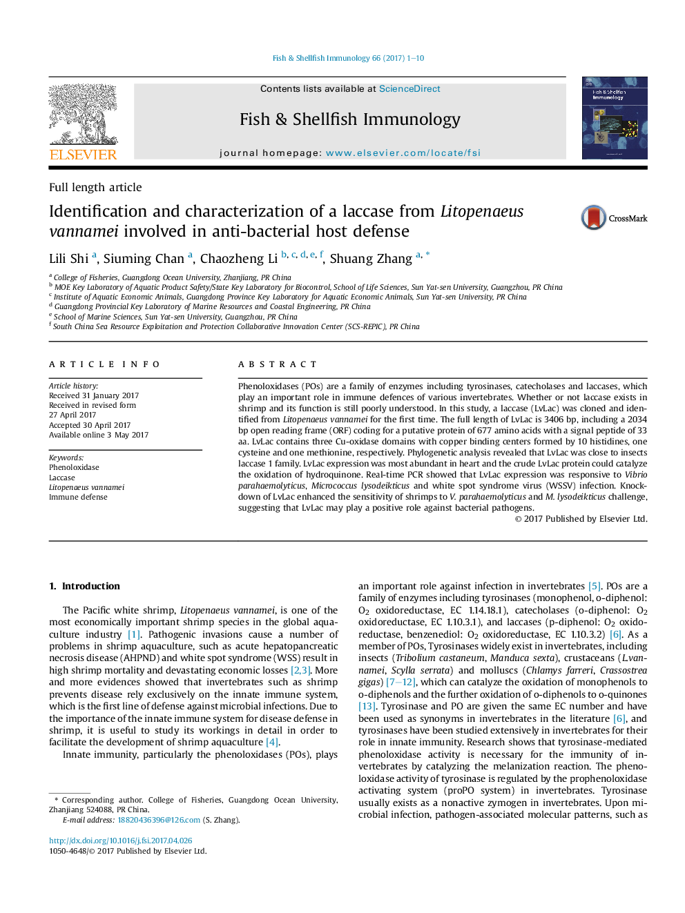 Identification and characterization of a laccase from Litopenaeus vannamei involved in anti-bacterial host defense