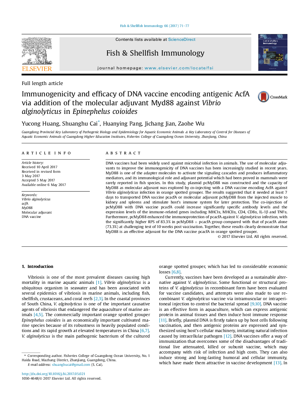 Immunogenicity and efficacy of DNA vaccine encoding antigenic AcfA via addition of the molecular adjuvant Myd88 against Vibrio alginolyticus in Epinephelus coioides