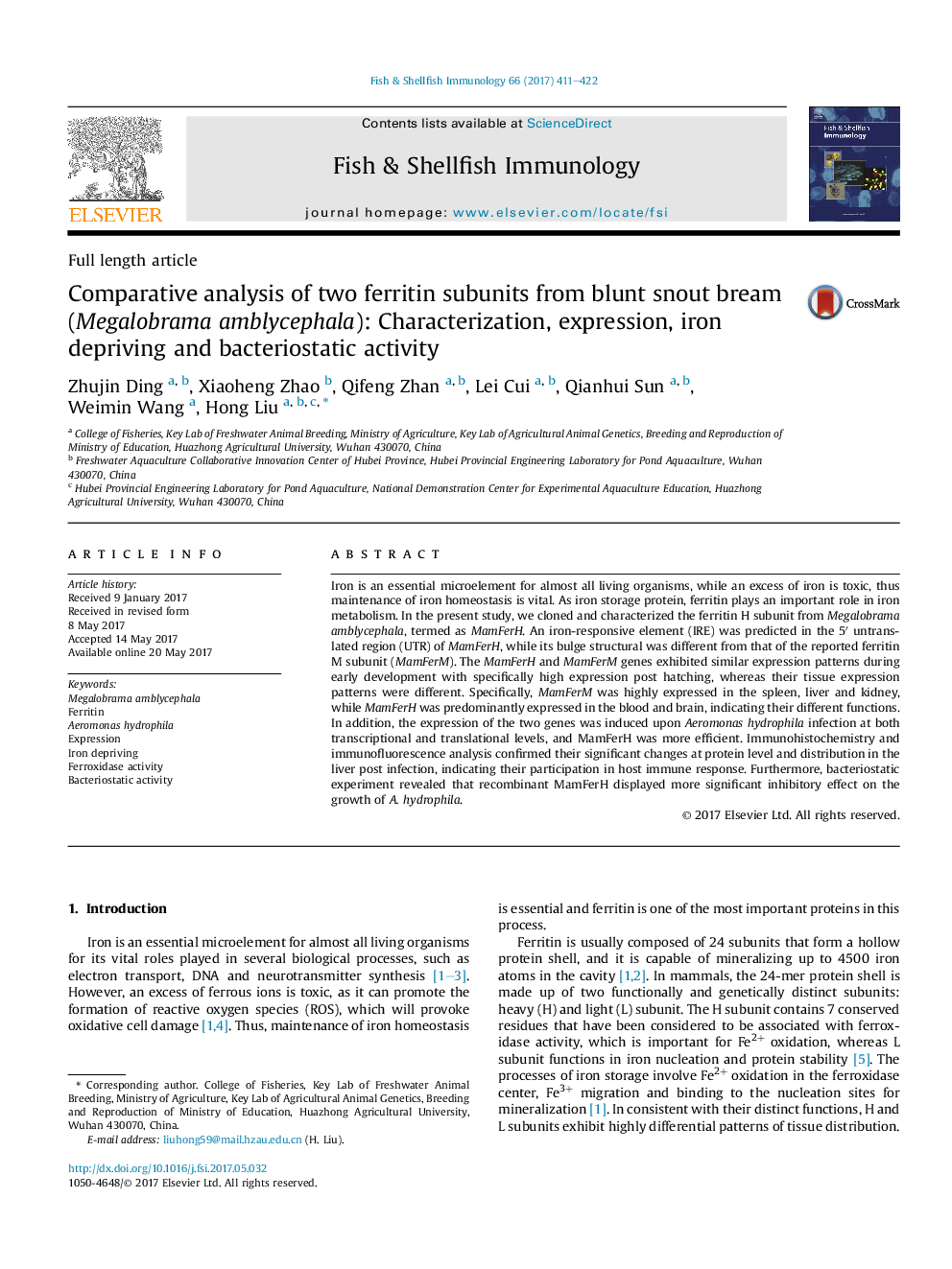 Comparative analysis of two ferritin subunits from blunt snout bream (Megalobrama amblycephala): Characterization, expression, iron depriving and bacteriostatic activity