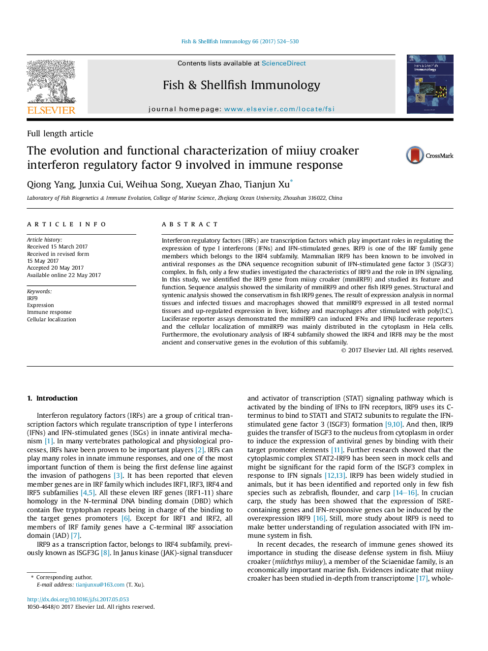 The evolution and functional characterization of miiuy croaker interferon regulatory factor 9 involved in immune response