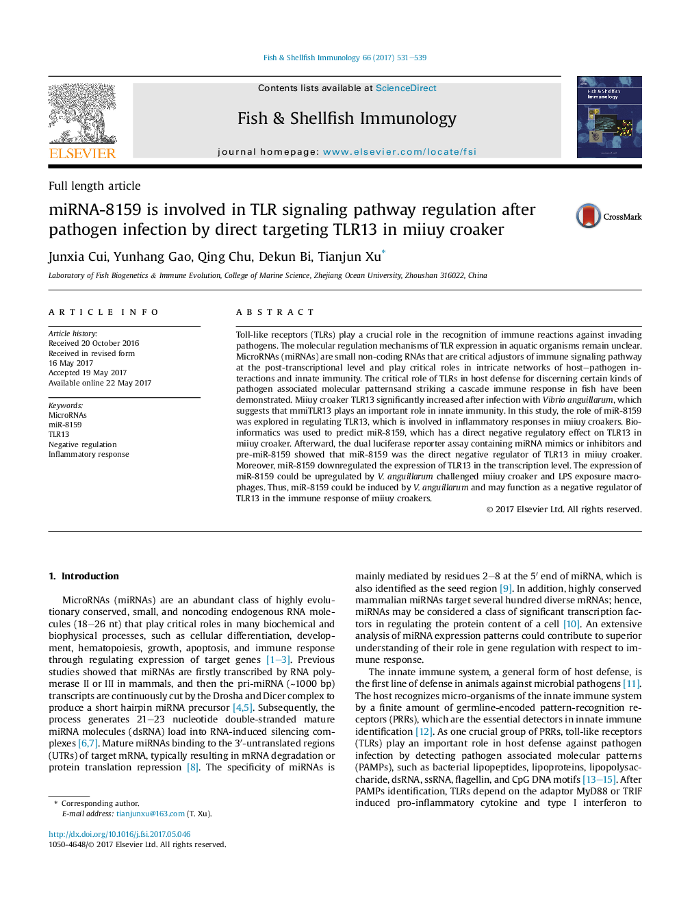 miRNA-8159 is involved in TLR signaling pathway regulation after pathogen infection by direct targeting TLR13 in miiuy croaker