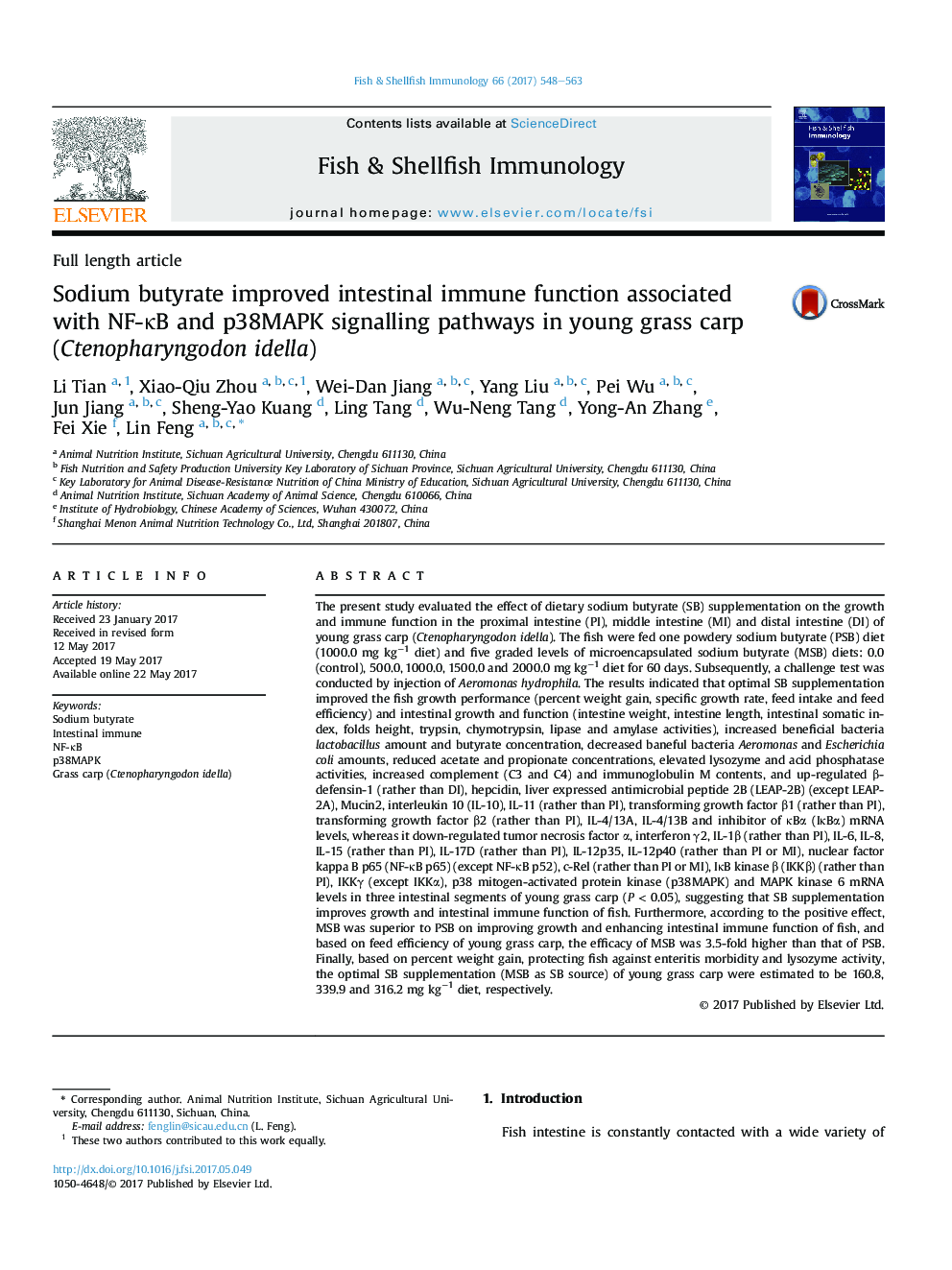 Sodium butyrate improved intestinal immune function associated with NF-ÎºB and p38MAPK signalling pathways in young grass carp (Ctenopharyngodon idella)