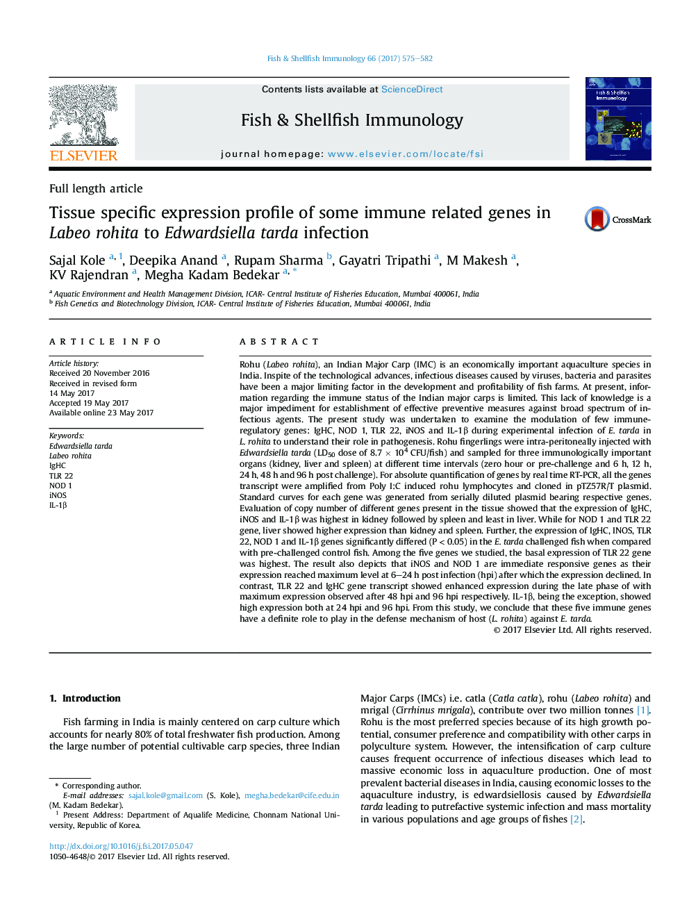 Tissue specific expression profile of some immune related genes in Labeo rohita to Edwardsiella tarda infection