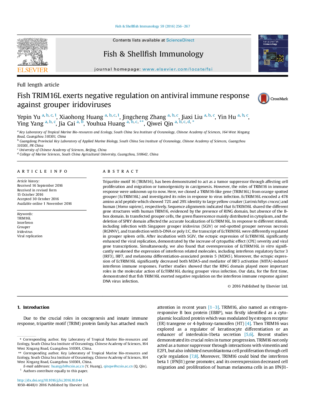 Fish TRIM16L exerts negative regulation on antiviral immune response against grouper iridoviruses