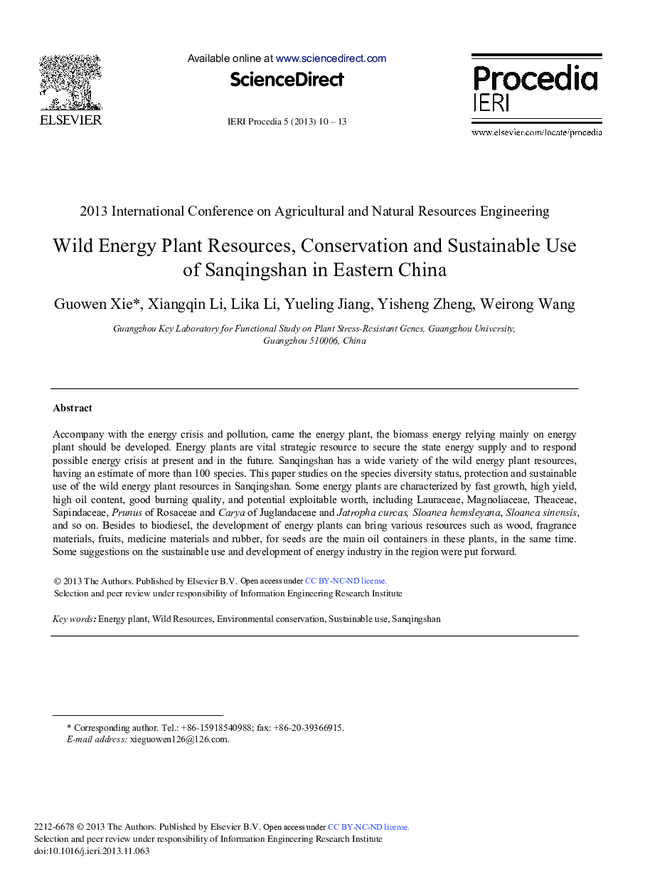 Wild Energy Plant Resources, Conservation and Sustainable Use of Sanqingshan in Eastern China 