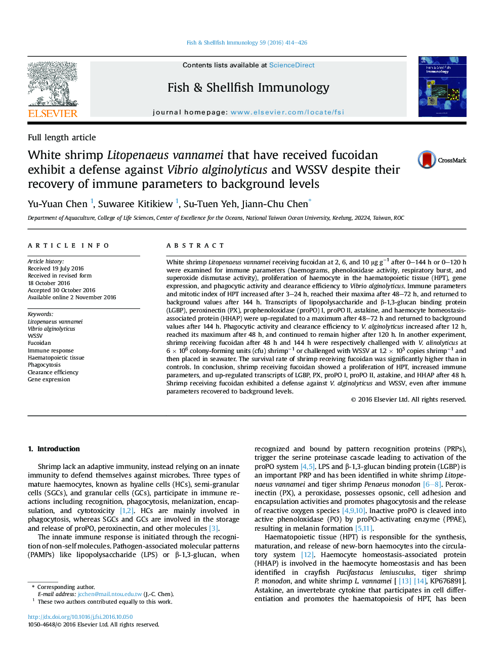 White shrimp Litopenaeus vannamei that have received fucoidan exhibit a defense against Vibrio alginolyticus and WSSV despite their recovery of immune parameters to background levels