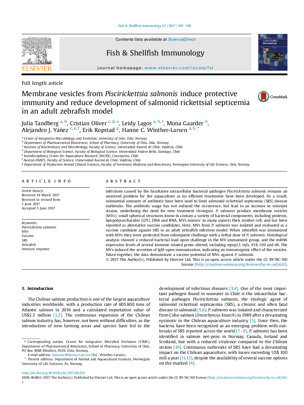 Membrane vesicles from Piscirickettsia salmonis induce protective immunity and reduce development of salmonid rickettsial septicemia in an adult zebrafish model