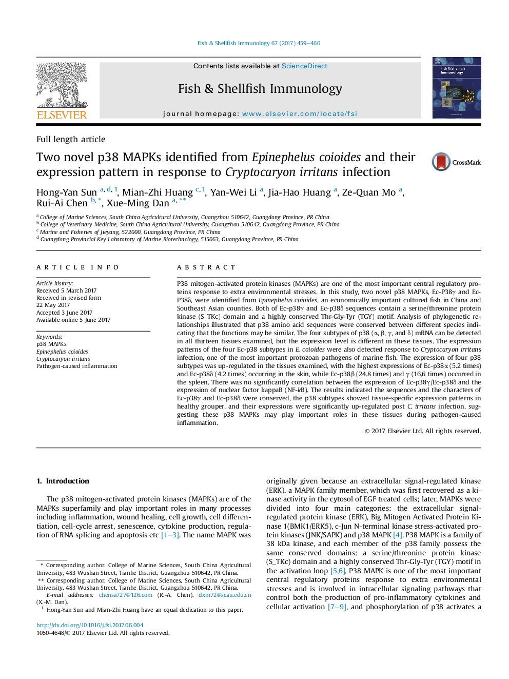 Two novel p38 MAPKs identified from Epinephelus coioides and their expression pattern in response to Cryptocaryon irritans infection