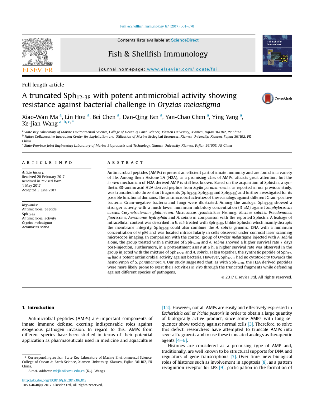 A truncated Sph12-38 with potent antimicrobial activity showing resistance against bacterial challenge in Oryzias melastigma