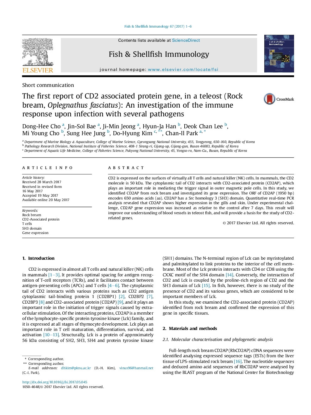 Short communicationThe first report of CD2 associated protein gene, in a teleost (Rock bream, Oplegnathus fasciatus): An investigation of the immune response upon infection with several pathogens