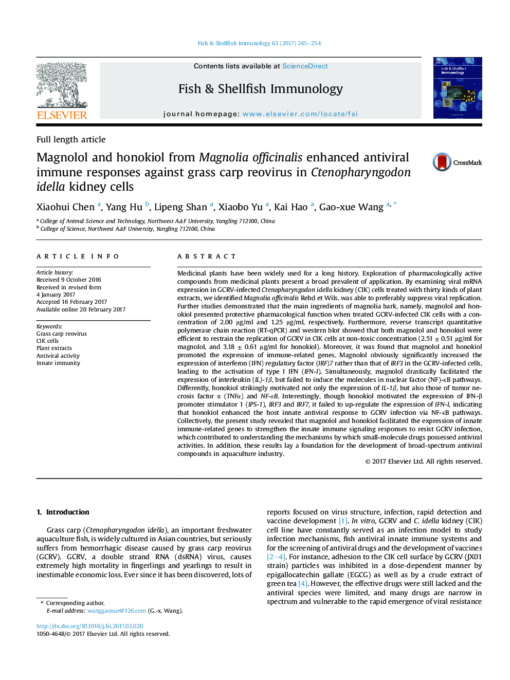 Magnolol and honokiol from Magnolia officinalis enhanced antiviral immune responses against grass carp reovirus in Ctenopharyngodon idella kidney cells