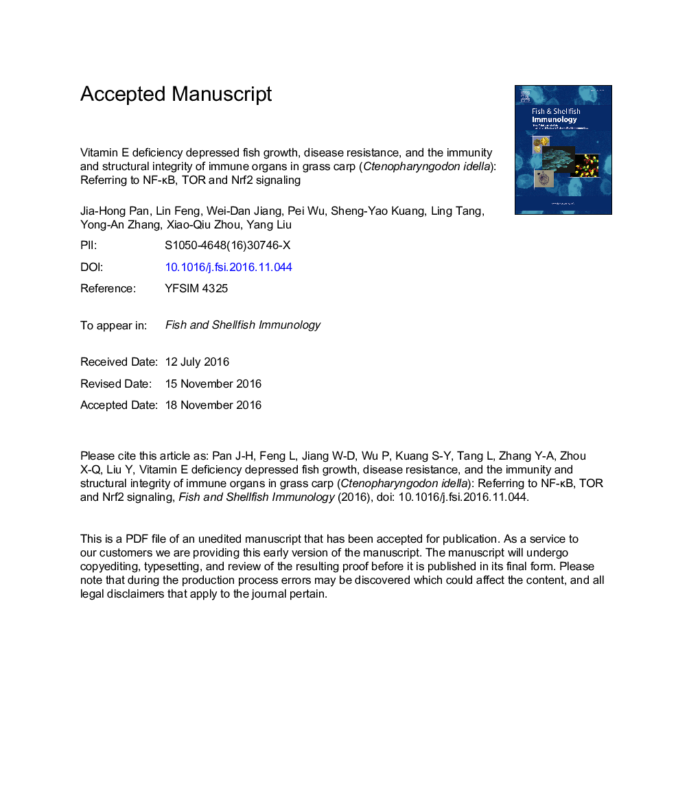 Vitamin E deficiency depressed fish growth, disease resistance, and the immunity and structural integrity of immune organs in grass carp (Ctenopharyngodon idella): Referring to NF-ÎºB, TOR and Nrf2 signaling