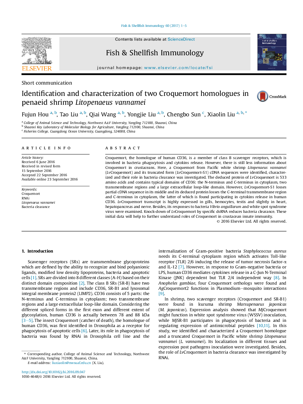 Short communicationIdentification and characterization of two Croquemort homologues in penaeid shrimp Litopenaeus vannamei