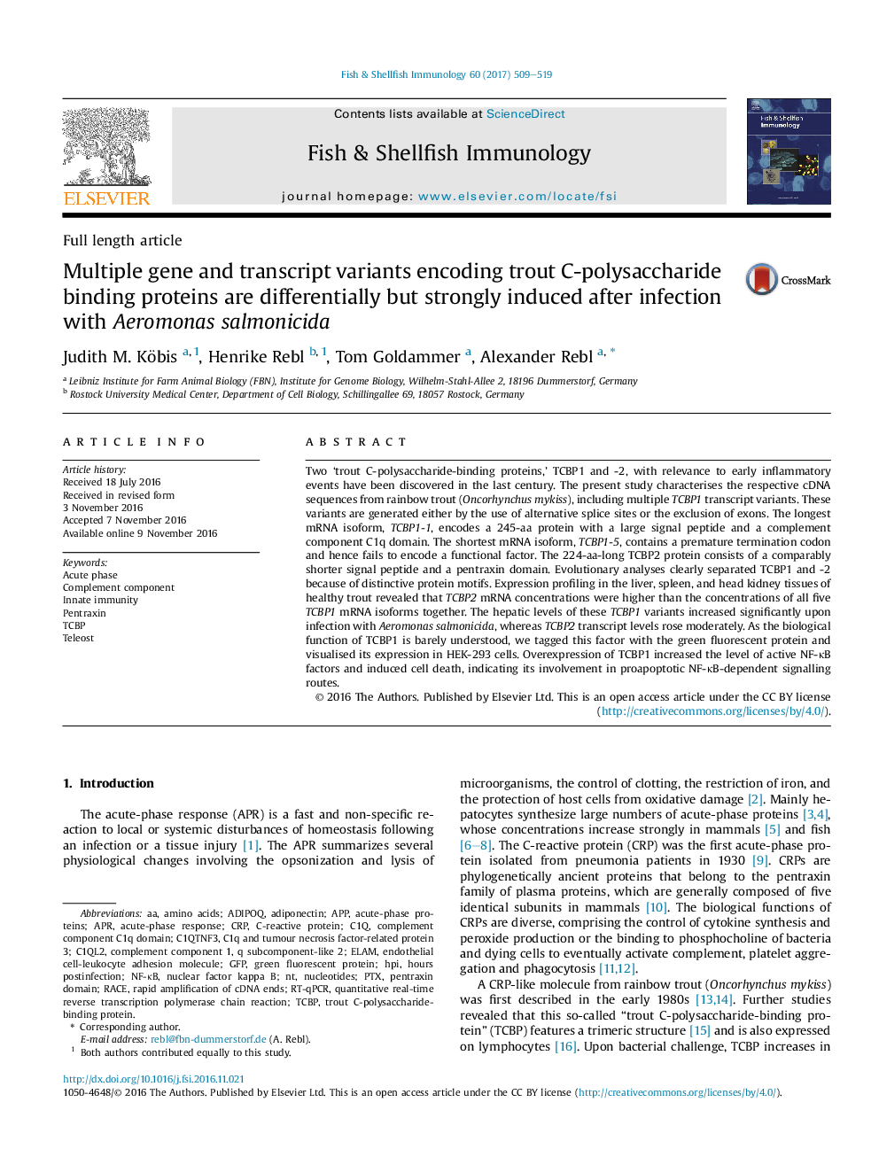 Multiple gene and transcript variants encoding trout C-polysaccharide binding proteins are differentially but strongly induced after infection with Aeromonas salmonicida