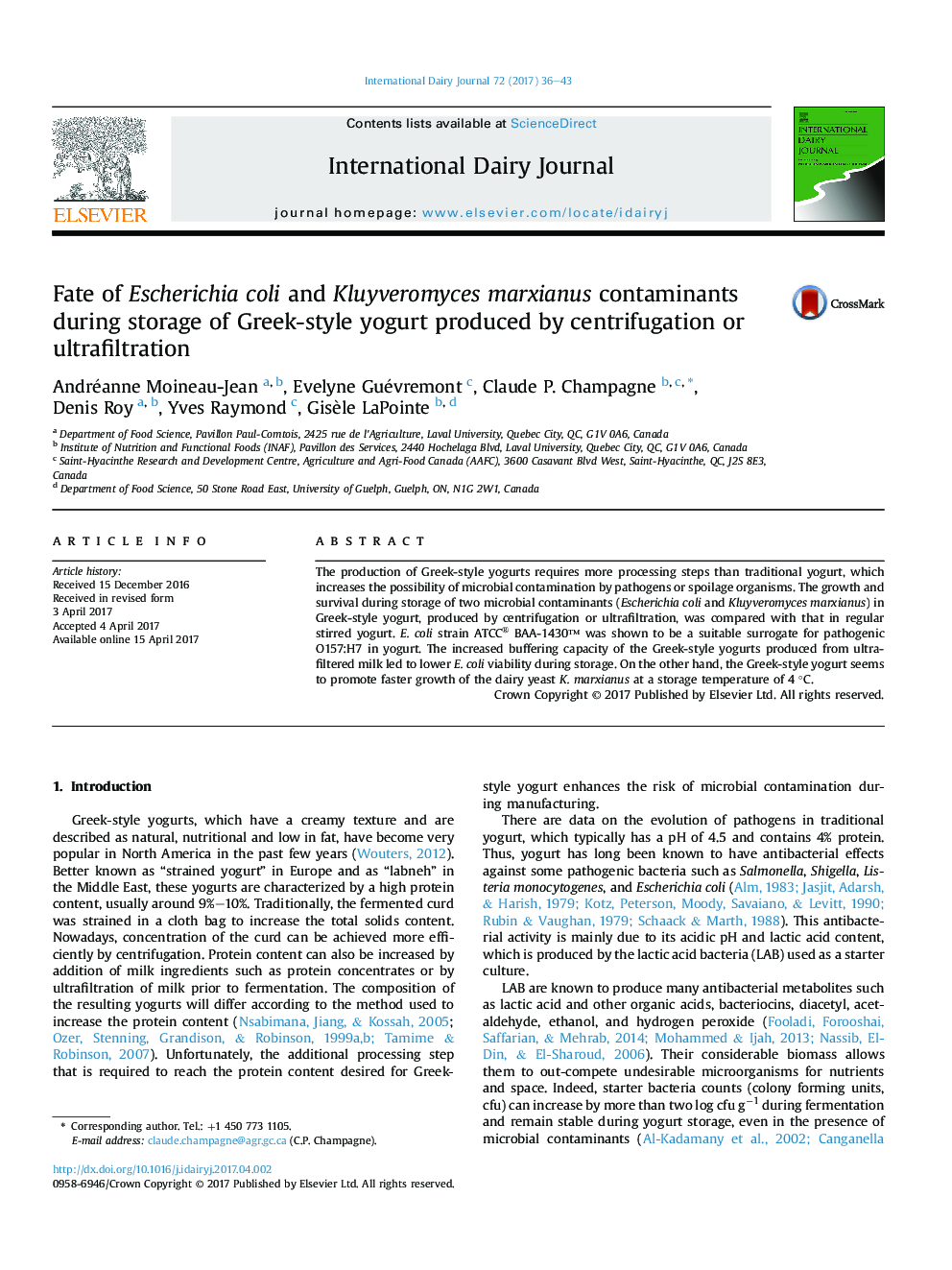 عکس صفحه اول مقاله: Fate of Escherichia coli and Kluyveromyces marxianus contaminants during storage of Greek-style yogurt produced by centrifugation or ultrafiltration Fate of Escherichia coli and Kluyveromyces marxianus contaminants during storage of Greek-style yogurt produced by centrifugation or ultrafiltration