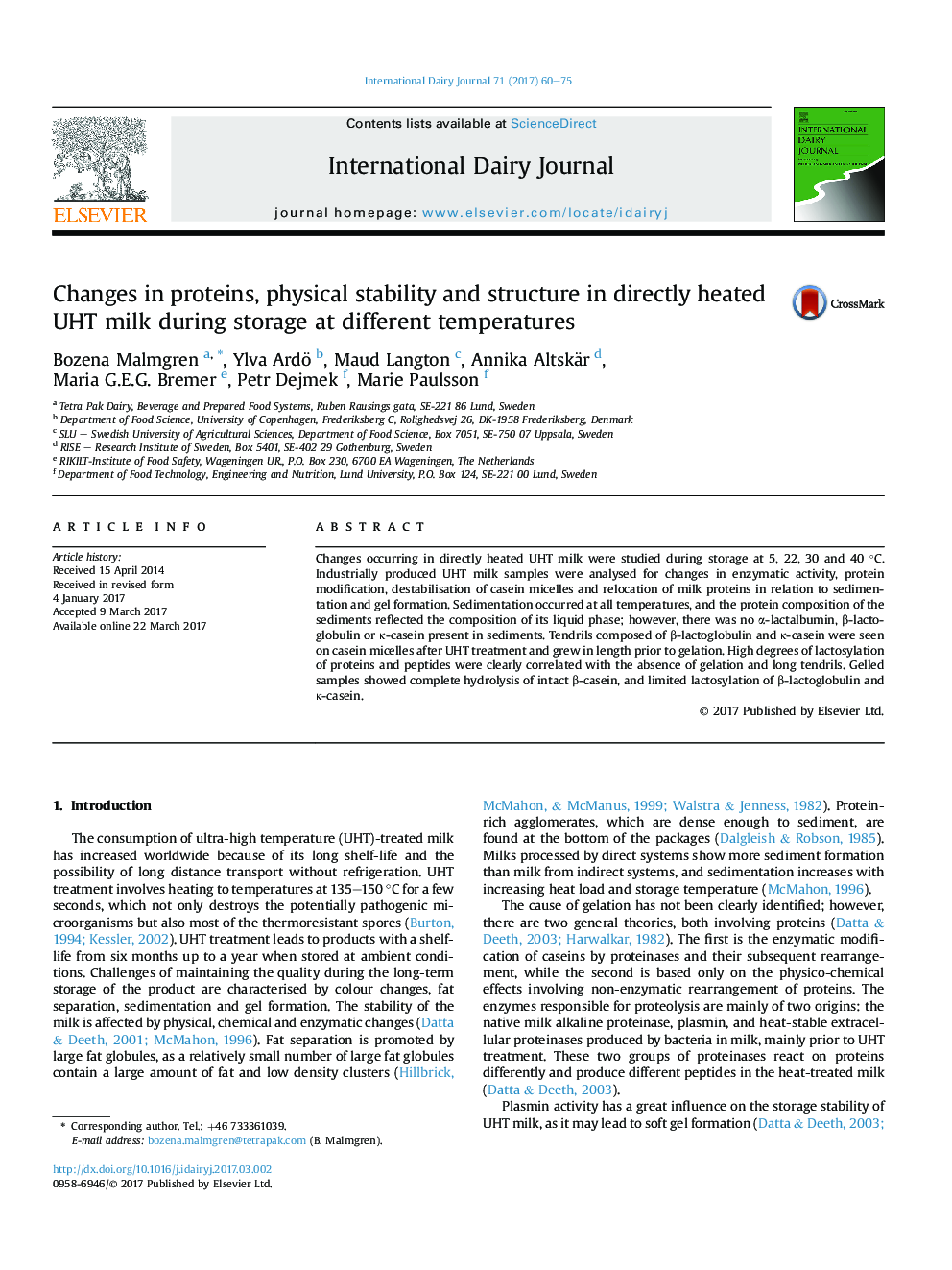 Changes in proteins, physical stability and structure in directly heated UHT milk during storage at different temperatures