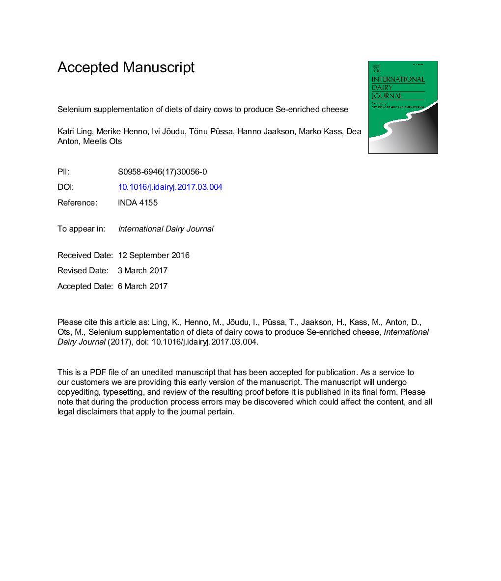 عکس صفحه اول مقاله: Selenium supplementation of diets of dairy cows to produce Se-enriched cheese Selenium supplementation of diets of dairy cows to produce Se-enriched cheese