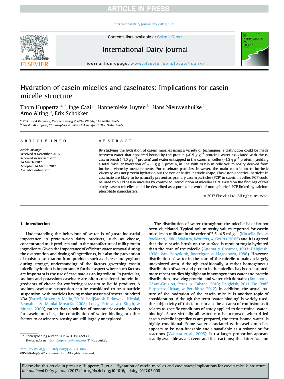 Hydration of casein micelles and caseinates: Implications for casein micelle structure