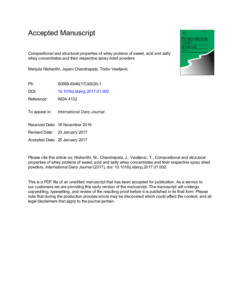 Compositional and structural properties of whey proteins of sweet, acid and salty whey concentrates and their respective spray dried powders