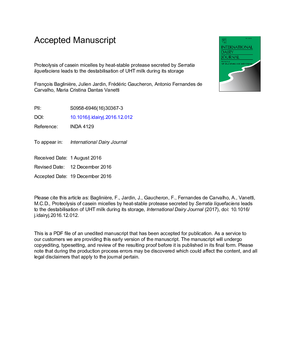 Proteolysis of casein micelles by heat-stable protease secreted by Serratia liquefaciens leads to the destabilisation of UHT milk during its storage