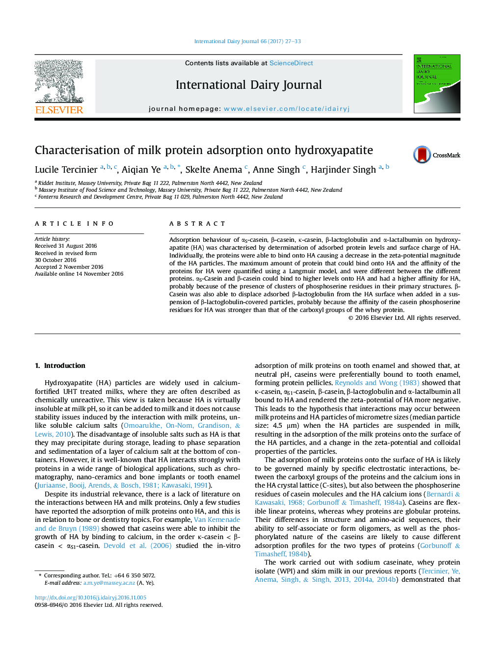 Characterisation of milk protein adsorption onto hydroxyapatite