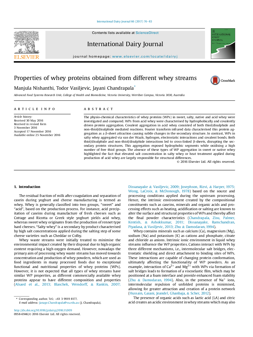 Properties of whey proteins obtained from different whey streams