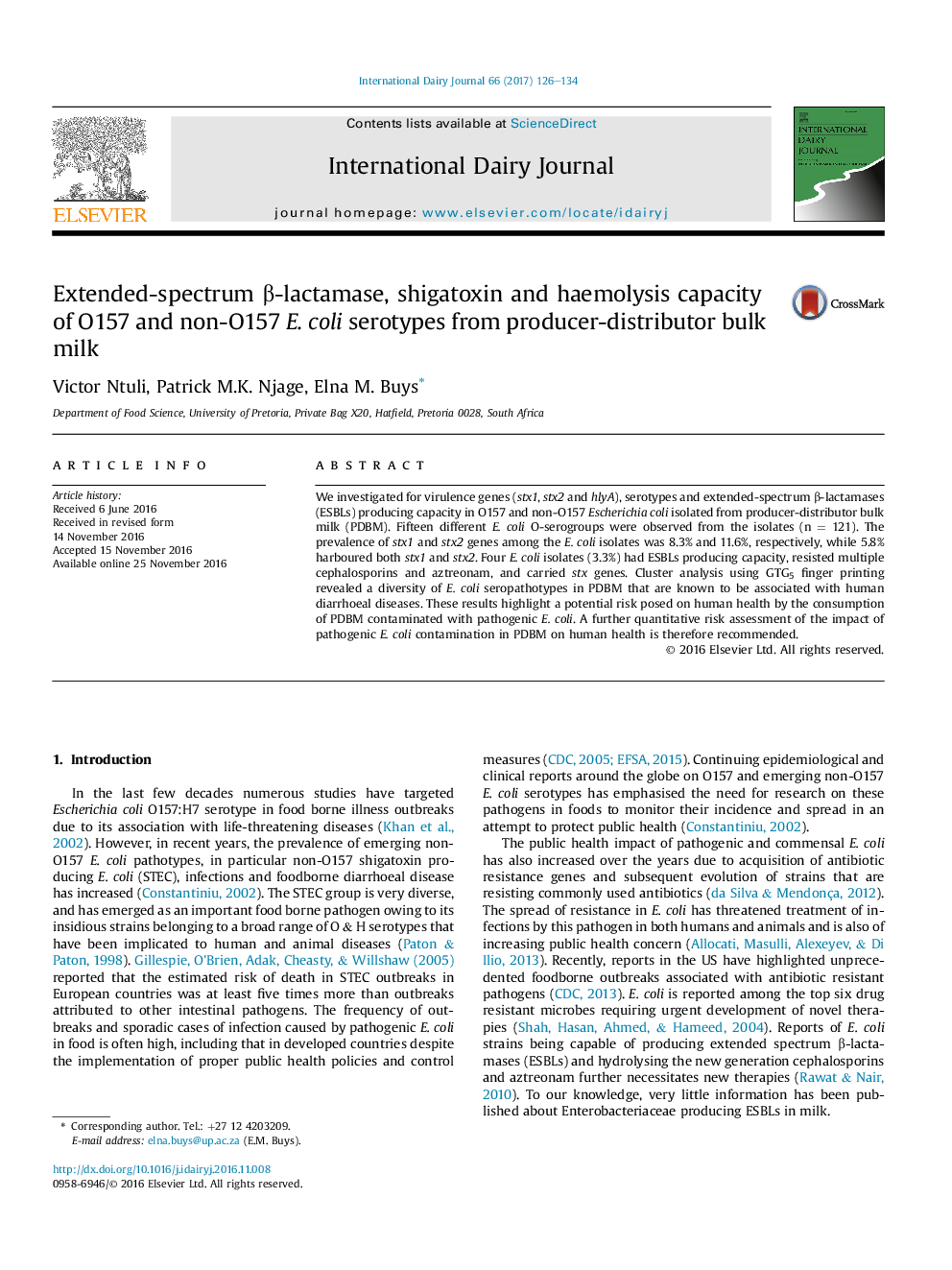 Extended-spectrum Î²-lactamase, shigatoxin and haemolysis capacity of O157 and non-O157 E.Â coli serotypes from producer-distributor bulk milk