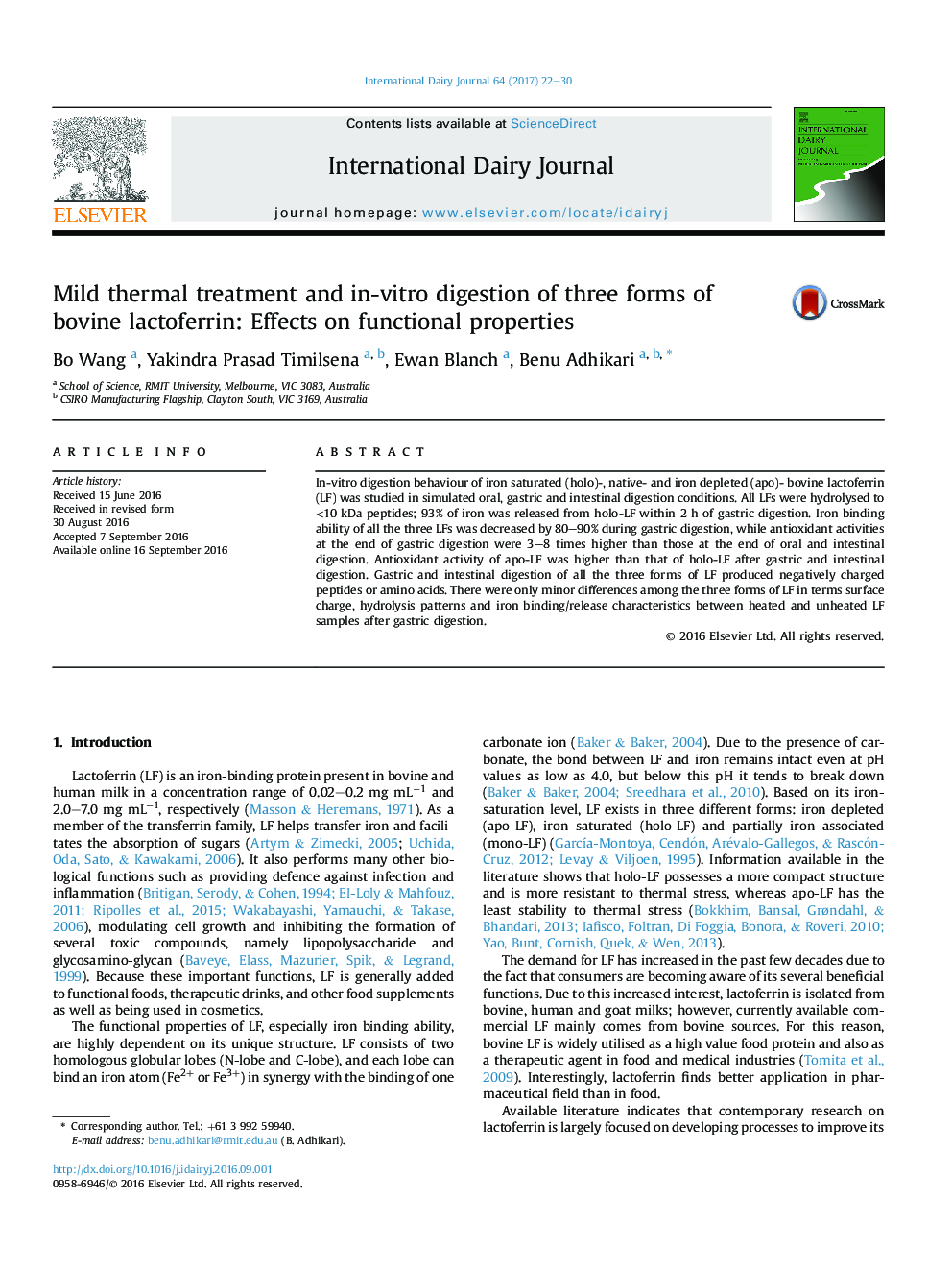 Mild thermal treatment and in-vitro digestion of three forms of bovine lactoferrin: Effects on functional properties