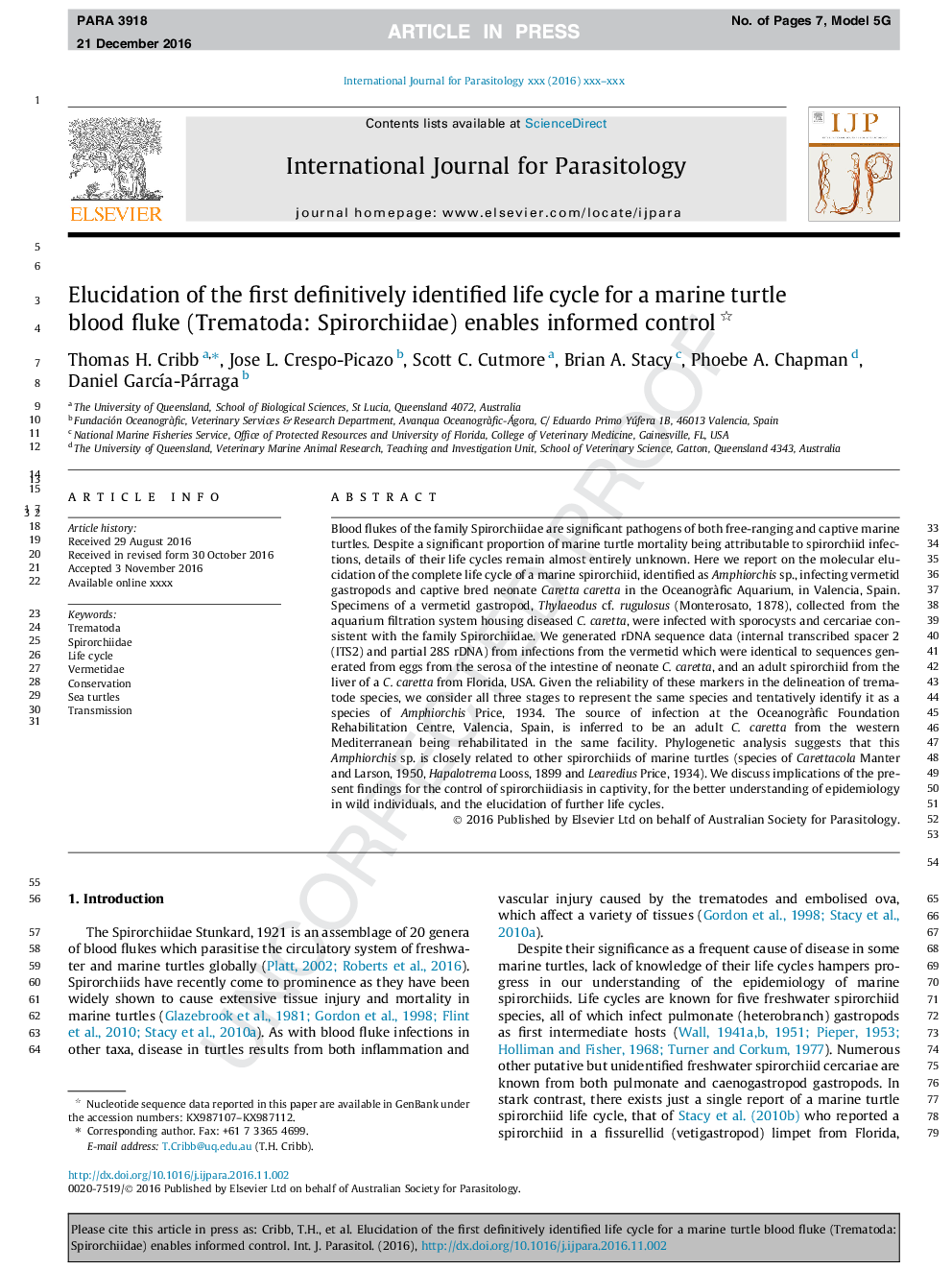 Elucidation of the first definitively identified life cycle for a marine turtle blood fluke (Trematoda: Spirorchiidae) enables informed control