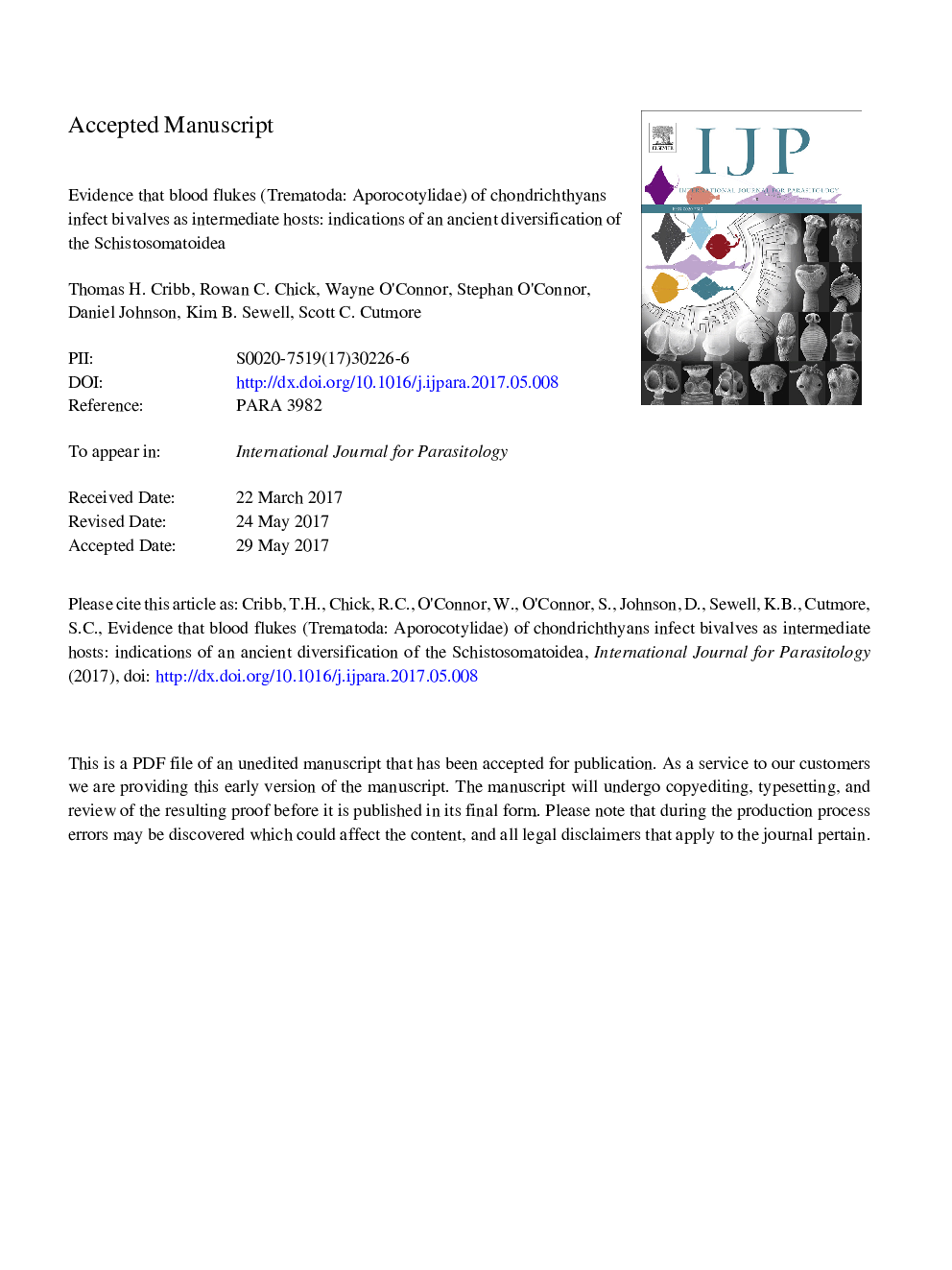 Evidence that blood flukes (Trematoda: Aporocotylidae) of chondrichthyans infect bivalves as intermediate hosts: indications of an ancient diversification of the Schistosomatoidea