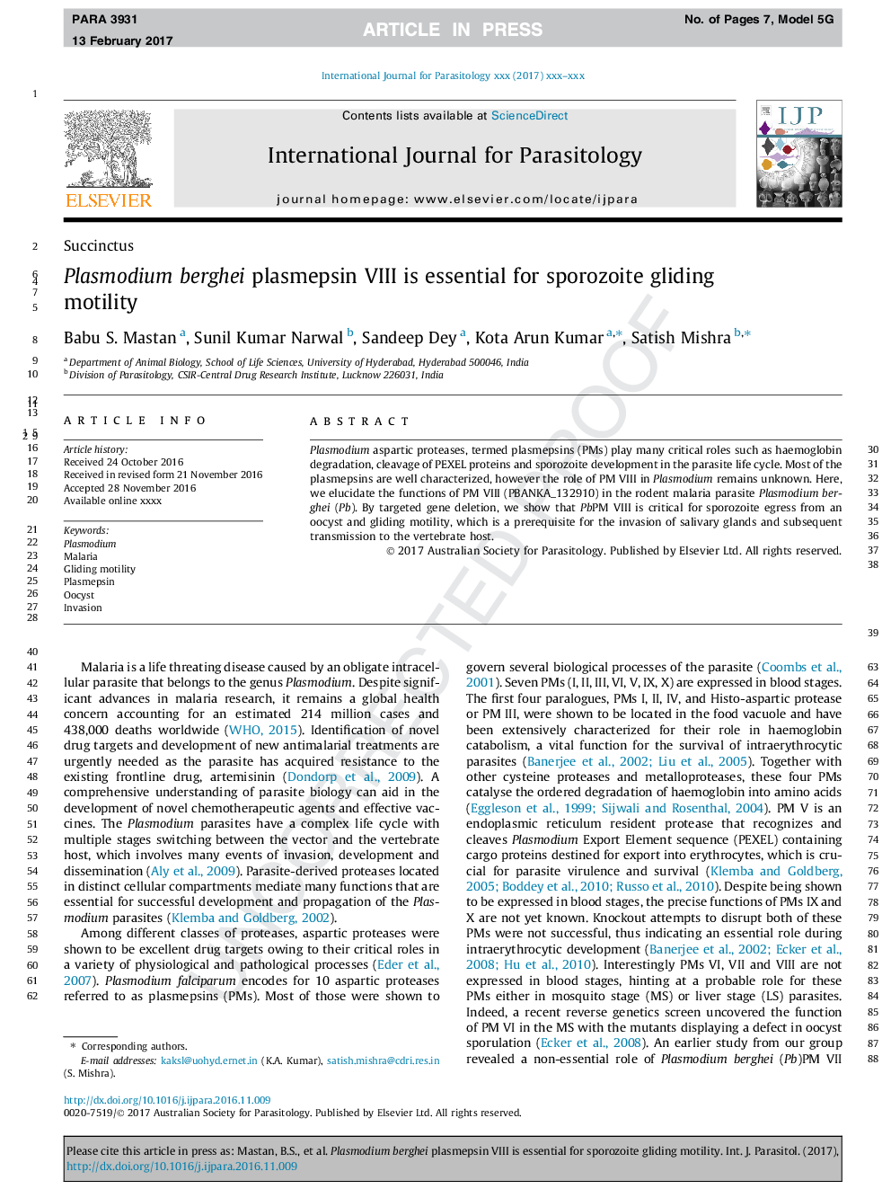 Plasmodium berghei plasmepsin VIII is essential for sporozoite gliding motility