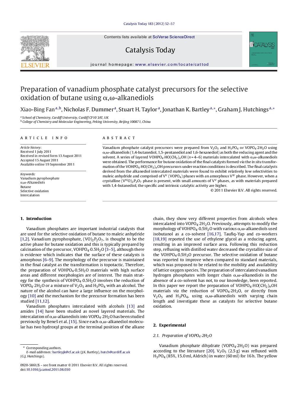 Preparation of vanadium phosphate catalyst precursors for the selective oxidation of butane using α,ω-alkanediols