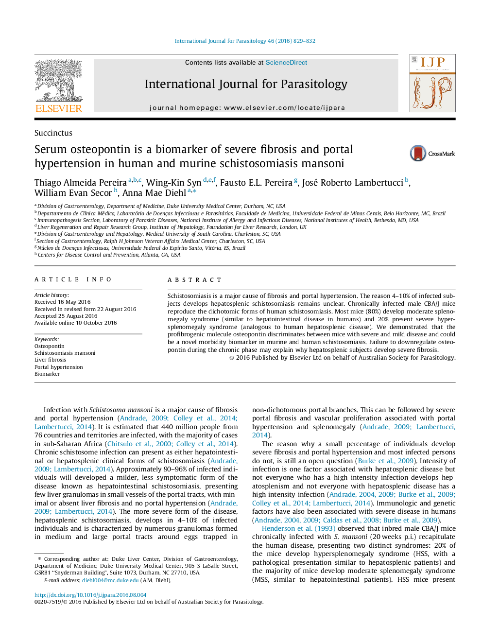 SuccinctusSerum osteopontin is a biomarker of severe fibrosis and portal hypertension in human and murine schistosomiasis mansoni