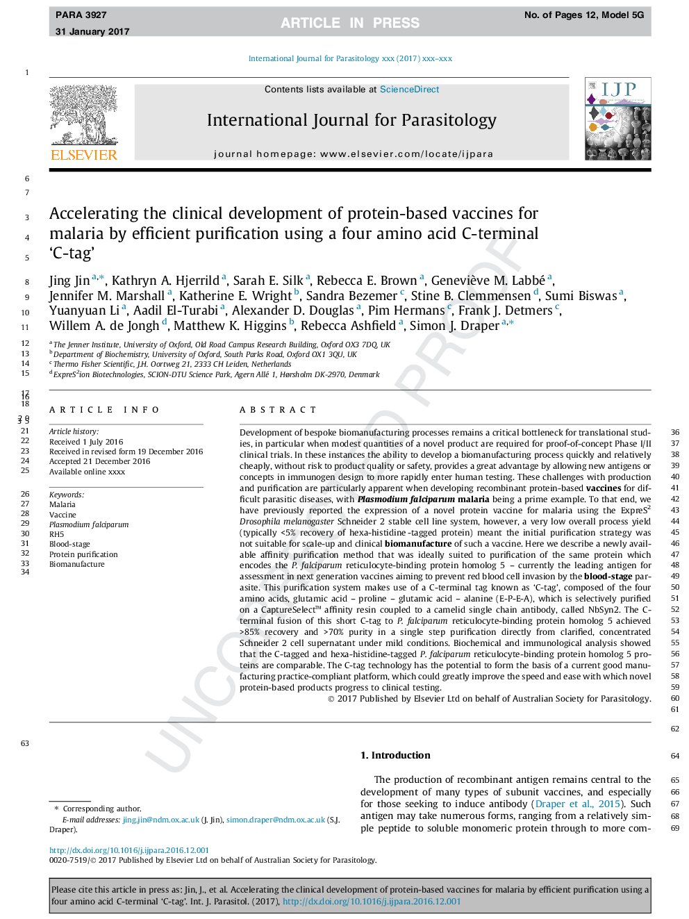 Accelerating the clinical development of protein-based vaccines for malaria by efficient purification using a four amino acid C-terminal 'C-tag'