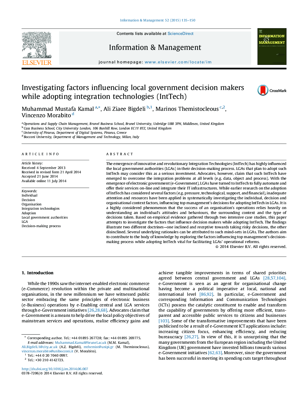 Investigating factors influencing local government decision makers while adopting integration technologies (IntTech)