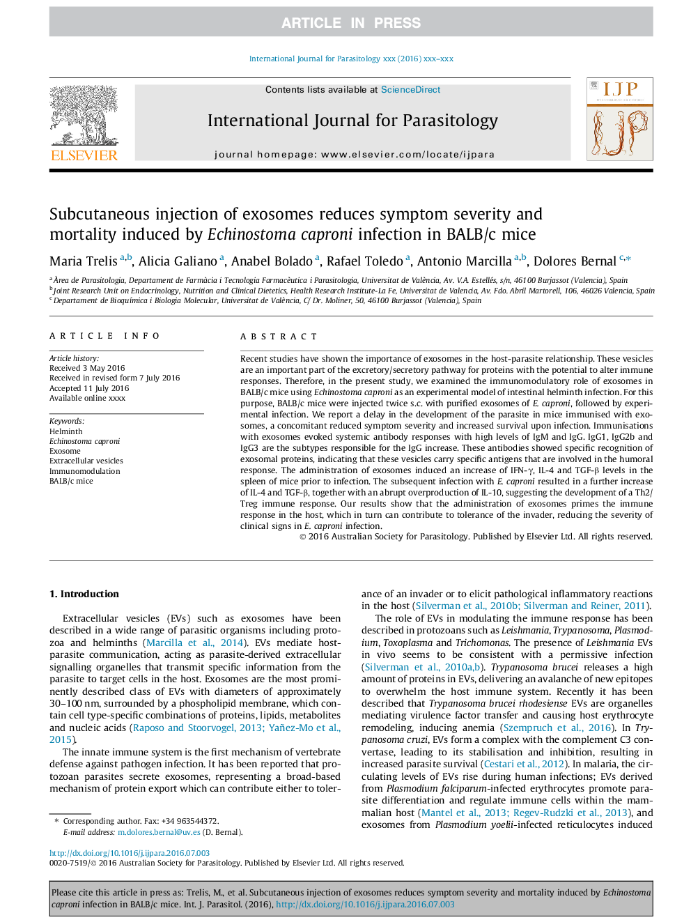 Subcutaneous injection of exosomes reduces symptom severity and mortality induced by Echinostoma caproni infection in BALB/c mice